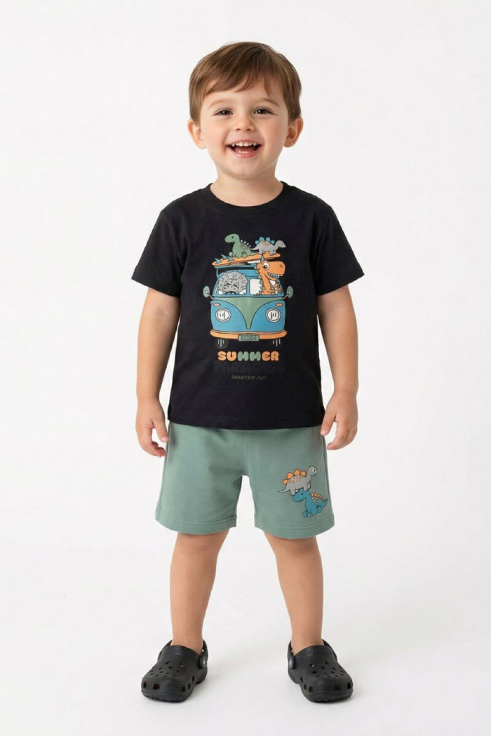 TRAX boys’ charcoal dinosaur T-shirt and soft green Bermuda shorts set