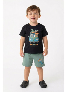 TRAX boys’ charcoal dinosaur T-shirt and soft green Bermuda shorts set