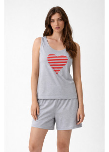 CHERRY Damen-Pyjama in Grau meliert mit Herzprint und Bermudashorts