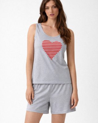 CHERRY Damen-Pyjama mit Herz und Bermudashorts CH-6015 – Grau meliert