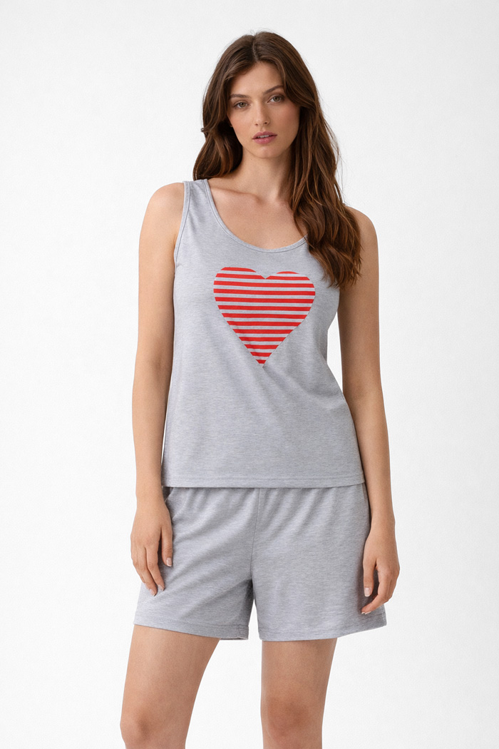 CHERRY Damen-Pyjama in Grau meliert mit Herzprint und Bermudashorts