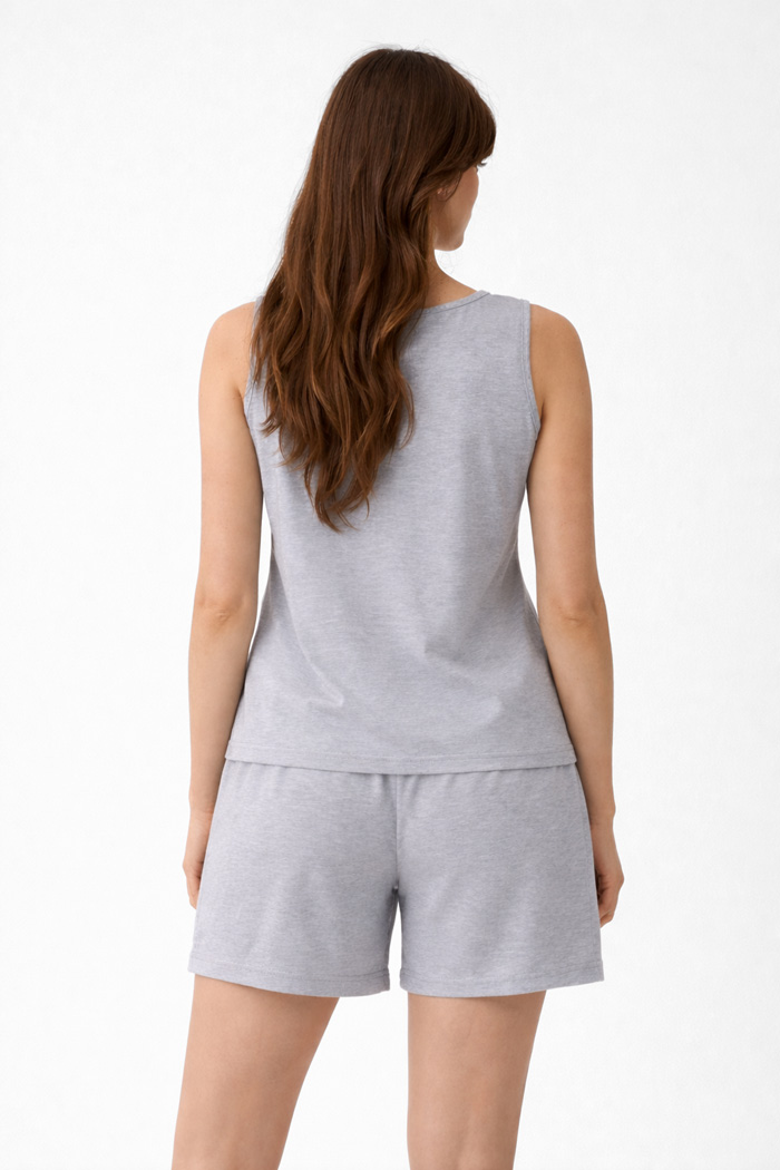 CHERRY Damen-Pyjama in Grau meliert mit Herzprint und Bermudashorts
