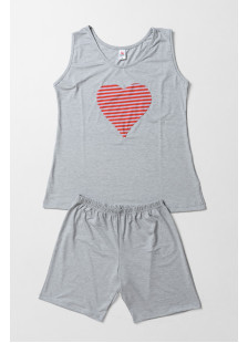 CHERRY Damen-Pyjama in Grau meliert mit Herzprint und Bermudashorts