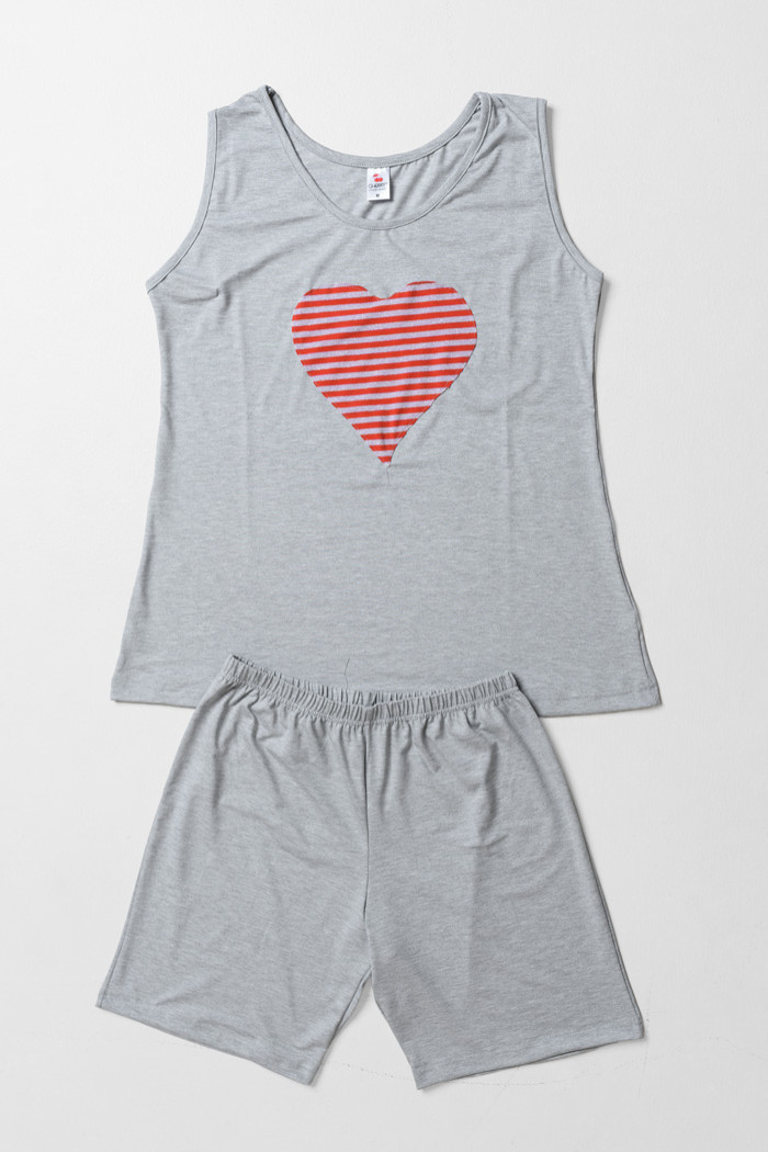CHERRY Damen-Pyjama in Grau meliert mit Herzprint und Bermudashorts