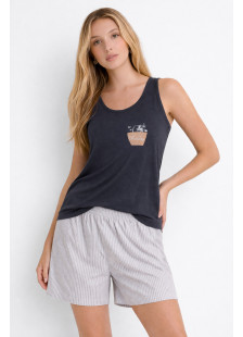 CHERRY Damen-Pyjama in Anthrazit mit gestreiften Bermudashorts
