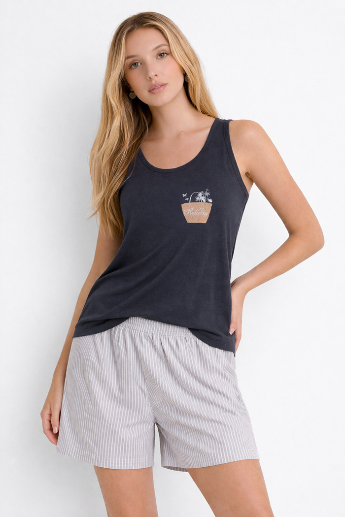 CHERRY Damen-Pyjama in Anthrazit mit gestreiften Bermudashorts