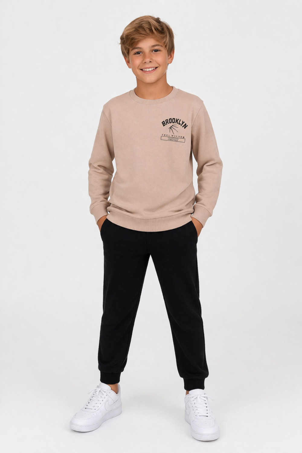 TRAX beige boys' tracksuit set with long-sleeved top and trousers