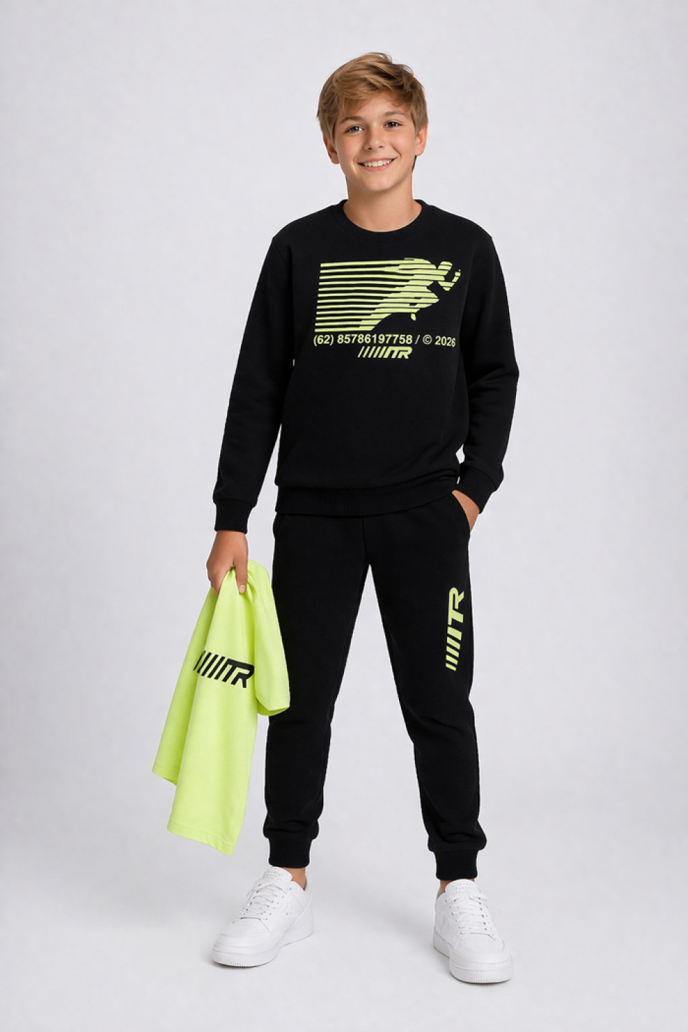 TRAX black boys' three-piece tracksuit set with neon lime details