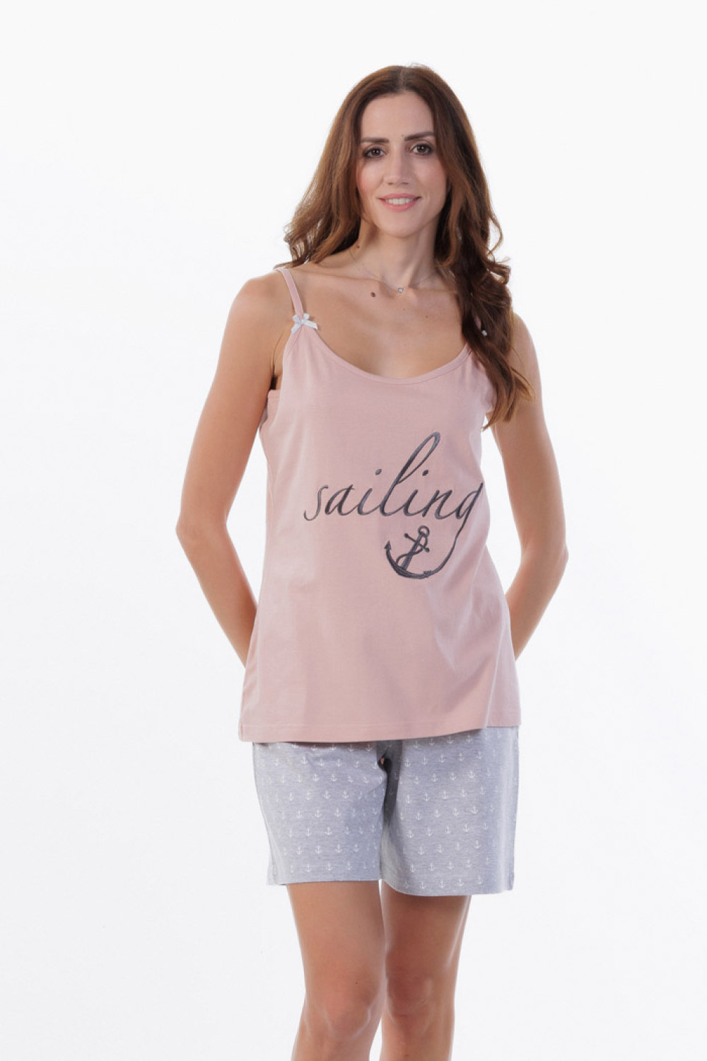 MEI women's pink Sailing pyjama set with checked shorts