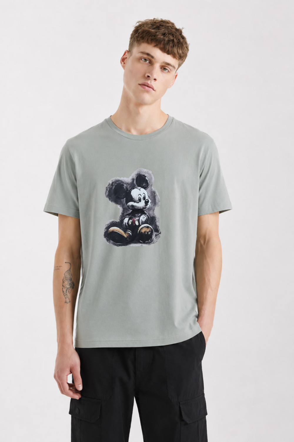 Light grey and sage Cotton4all men's T-shirt with Mickey Mouse sketch-effect print