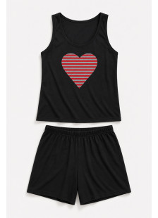 Black Cherry women's pyjama set with heart print and Bermuda shorts