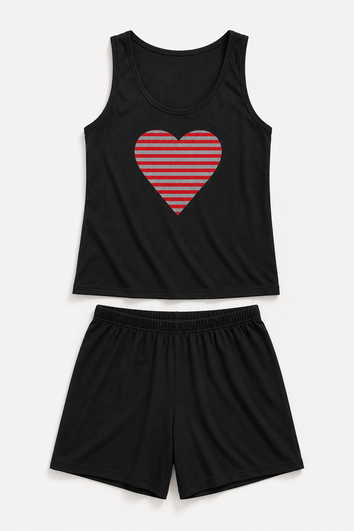 Black Cherry women's pyjama set with heart print and Bermuda shorts