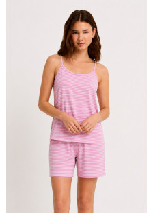 Rosa gestreifter Cherry Damen-Pyjama mit Trägertop und Bermudashorts