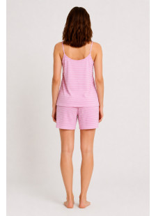 Rosa gestreifter Cherry Damen-Pyjama mit Trägertop und Bermudashorts