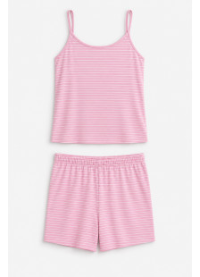 Rosa gestreifter Cherry Damen-Pyjama mit Trägertop und Bermudashorts