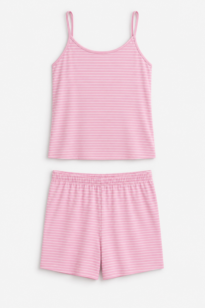Rosa gestreifter Cherry Damen-Pyjama mit Trägertop und Bermudashorts