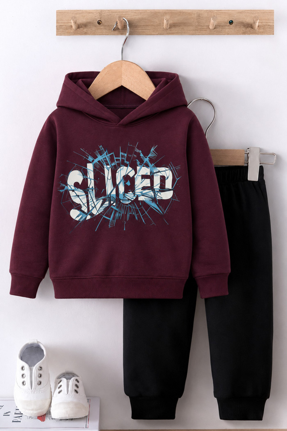TRAX teen tracksuit set with burgundy hooded sweatshirt and black sweatpants