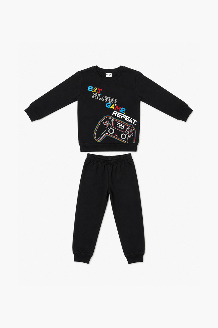 Black TRAX boys' pyjama set with Eat Sleep Game Repeat graphic