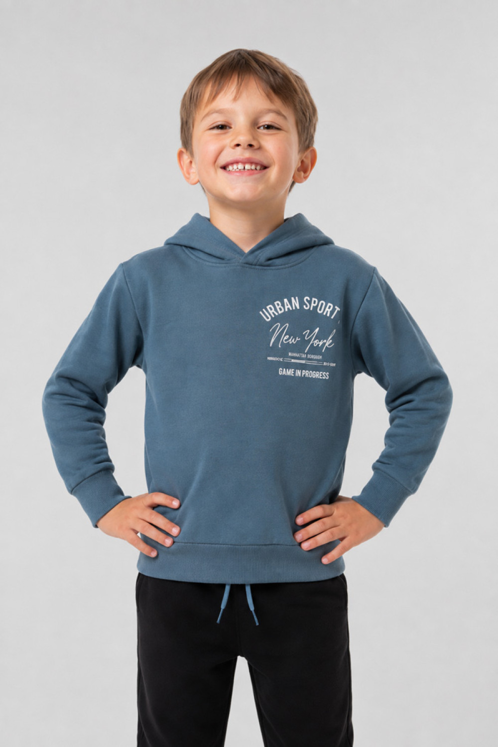 TRAX URBAN boys' hooded tracksuit set with light blue sweatshirt and black trousers