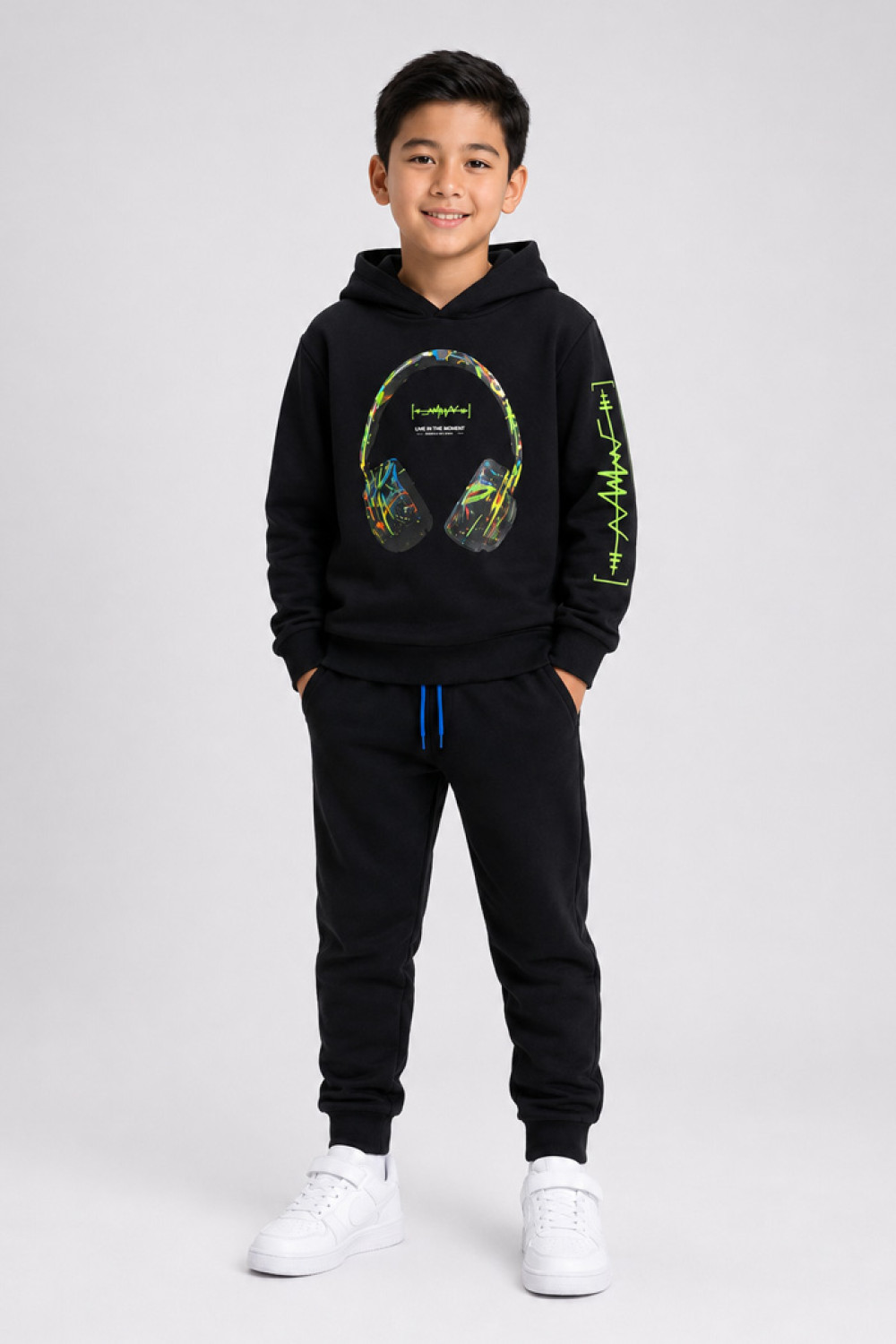 TRAX boys' black hooded tracksuit set with headphone print