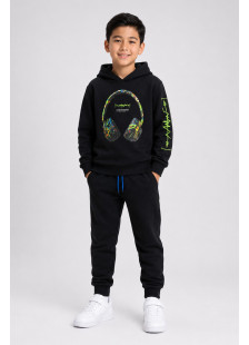 TRAX boys' black hooded tracksuit set with headphone print