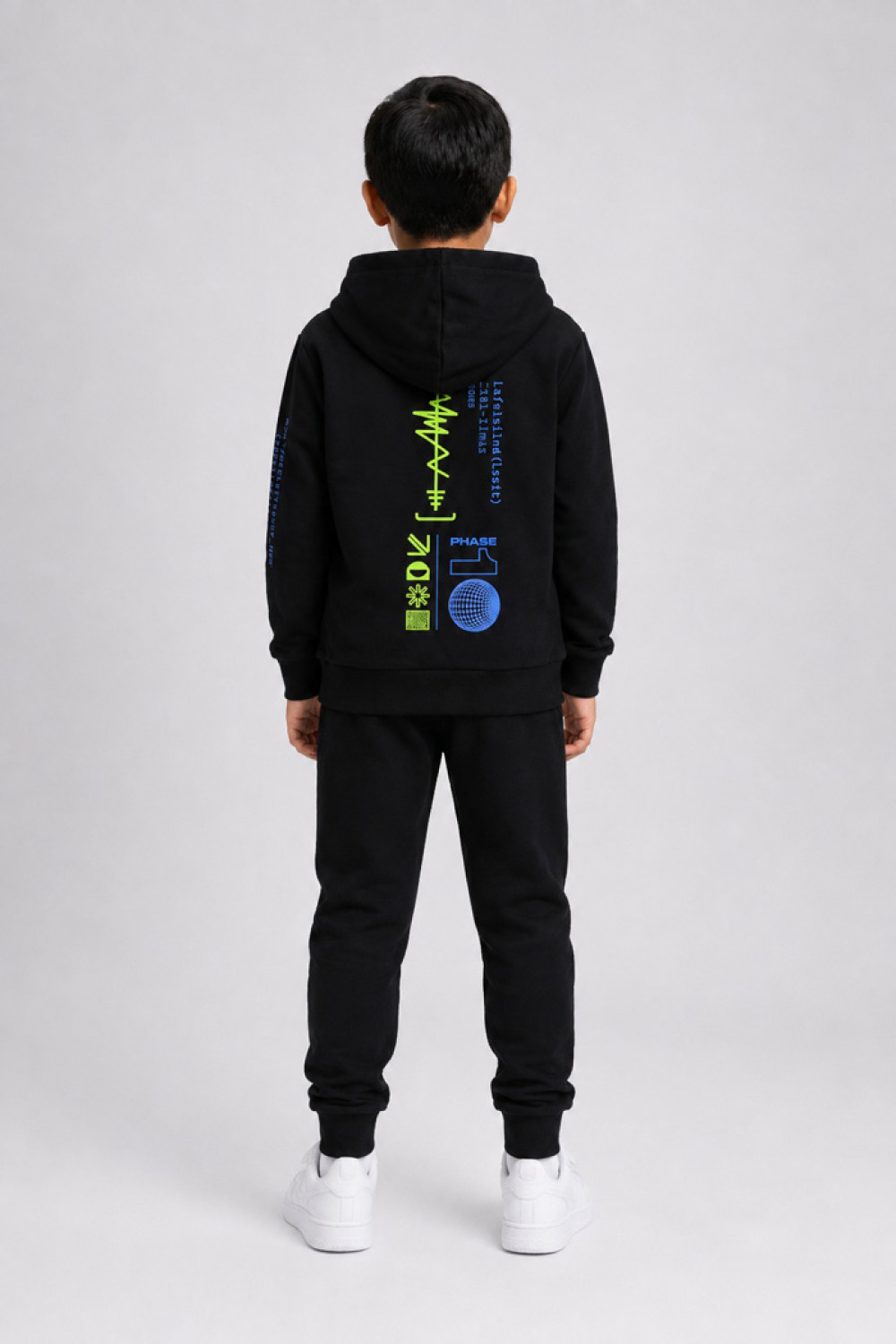 TRAX boys' black hooded tracksuit set with headphone print