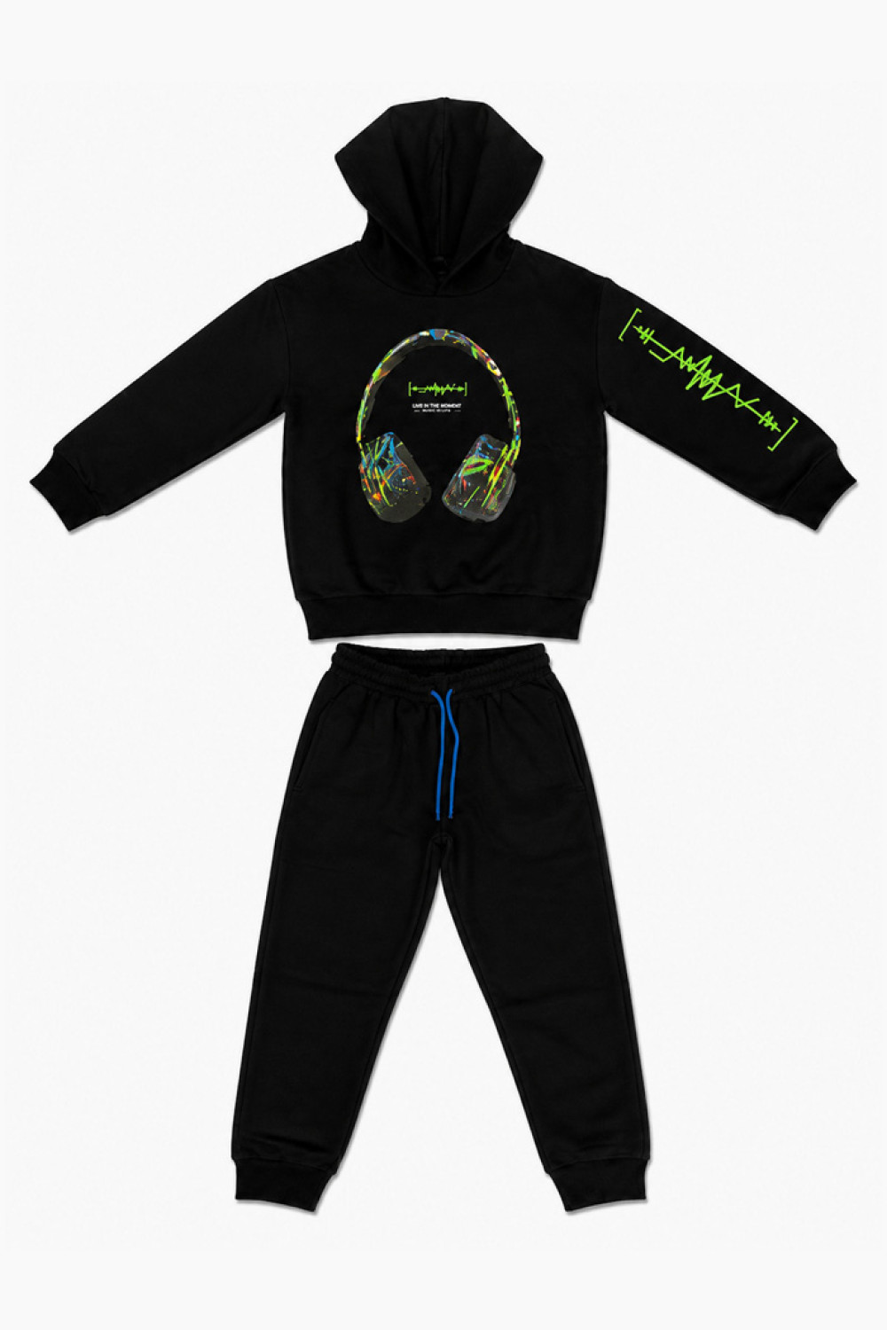 TRAX boys' black hooded tracksuit set with headphone print