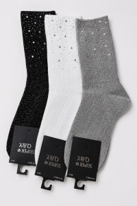 SUPER Q&Y women's socks with rhinestones and metallic design, 3-pack