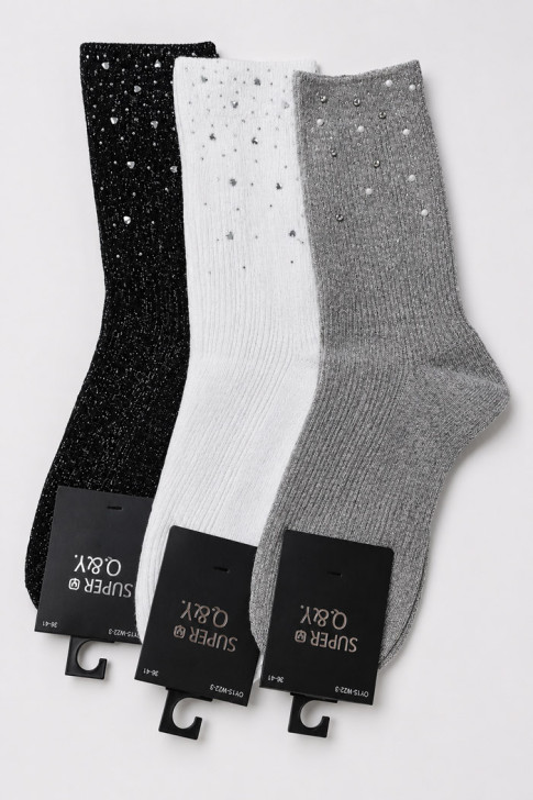 SUPER Q&Y Women's Rhinestone Socks 3-Pack QY15-WZ2-3