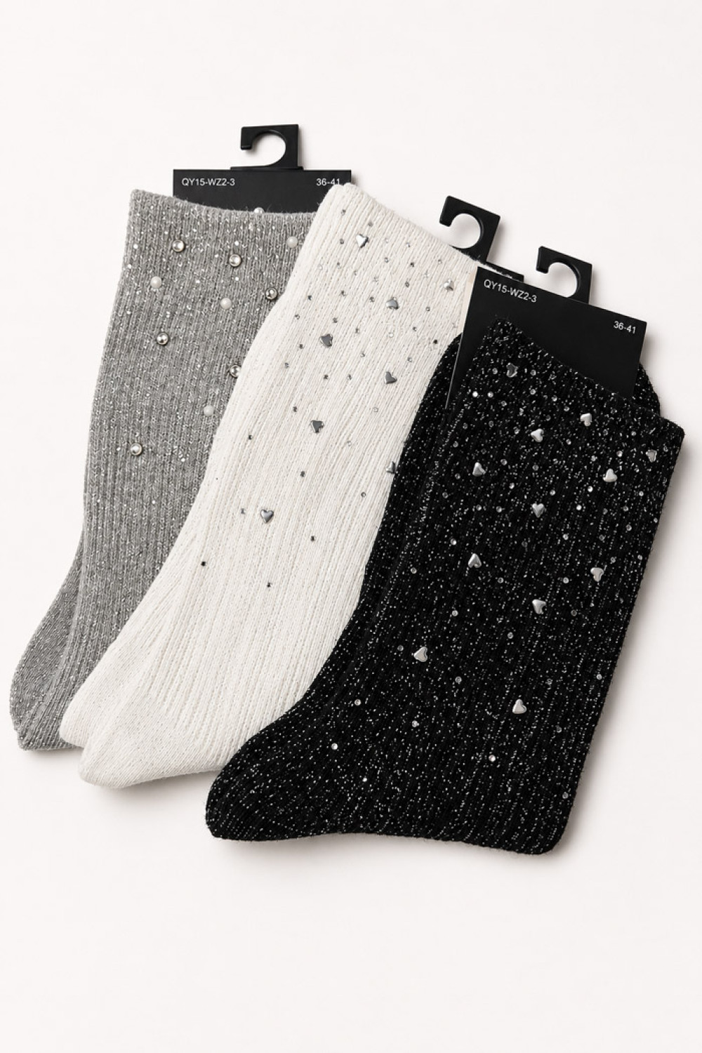 SUPER Q&Y women's socks with rhinestones and metallic design, 3-pack