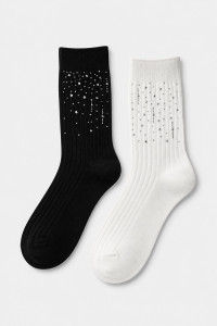 SUPER Q&Y women's regular-length cotton socks with rhinestones, 2-pack