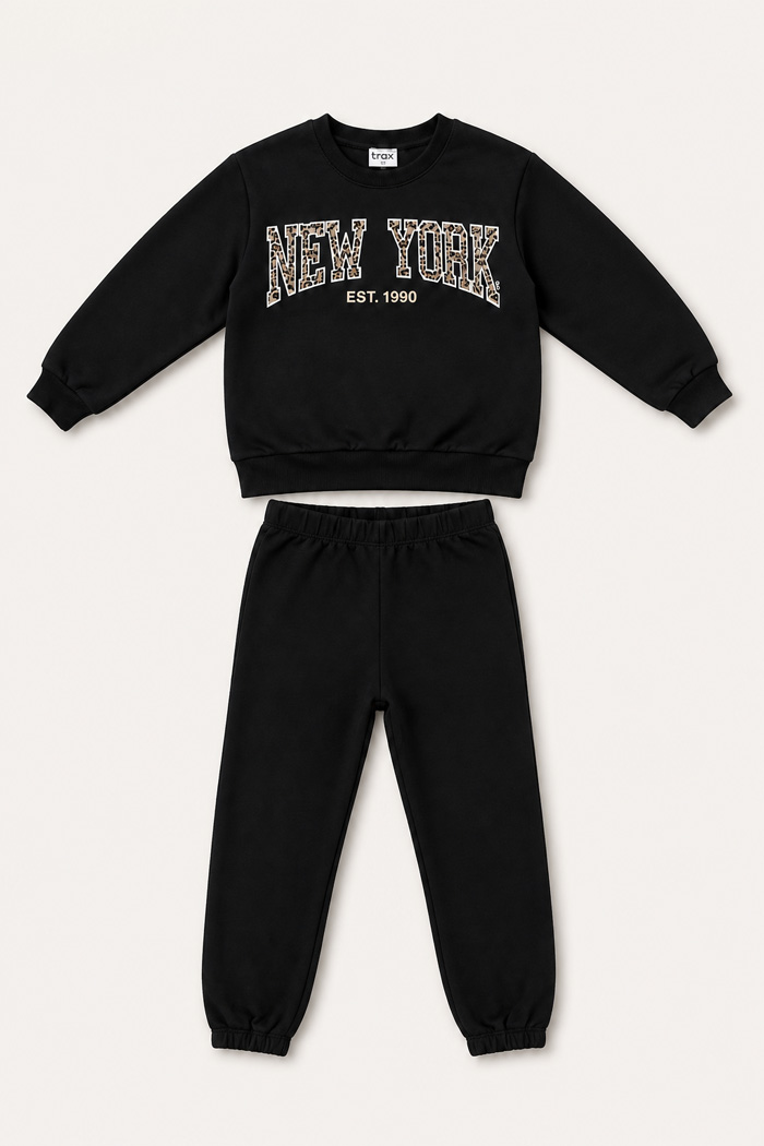 TRAX girls’ black winter tracksuit set with New York print, model 50625
