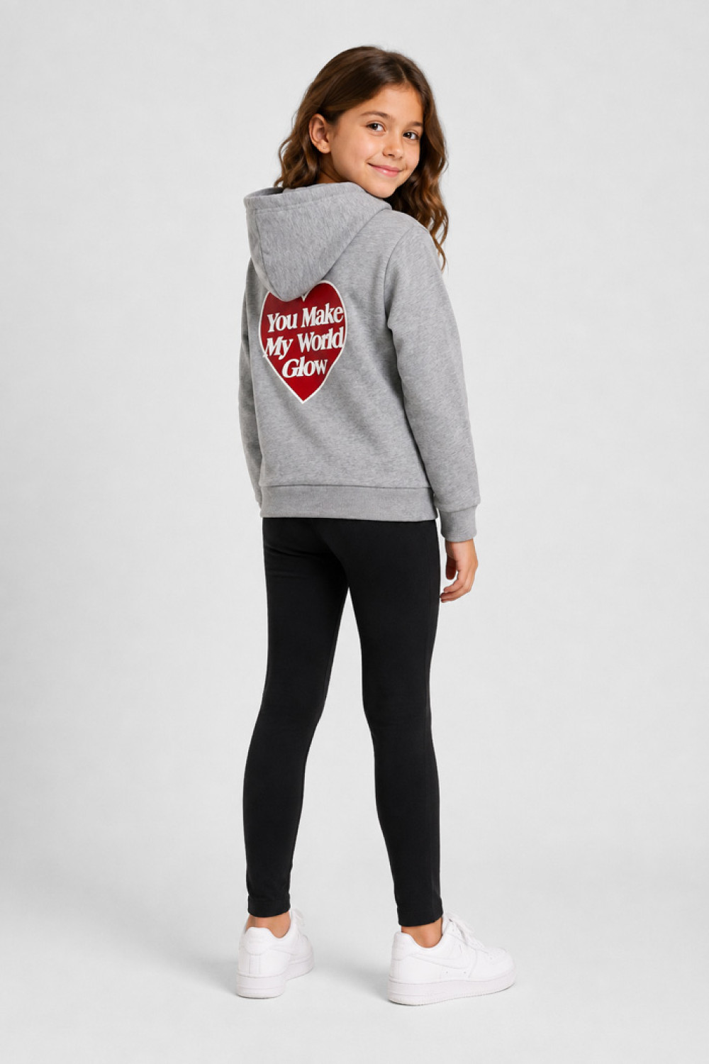 TRAX grey hooded tracksuit with black leggings and heart print, model 50618