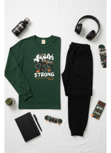 NINA CLUB dark green and black boys' pyjama set with Stay Strong print