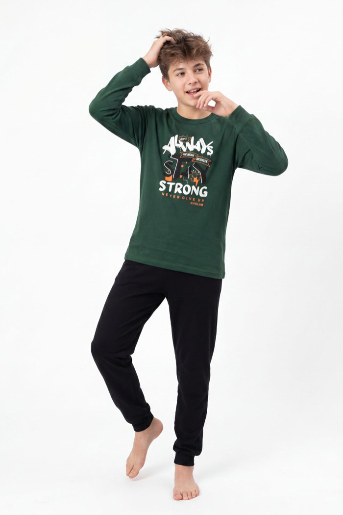 NINA CLUB dark green and black boys' pyjama set with Stay Strong print
