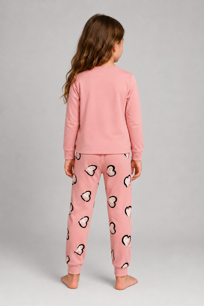 TRAX powder pink girls' pyjama set with love print and heart-pattern trousers