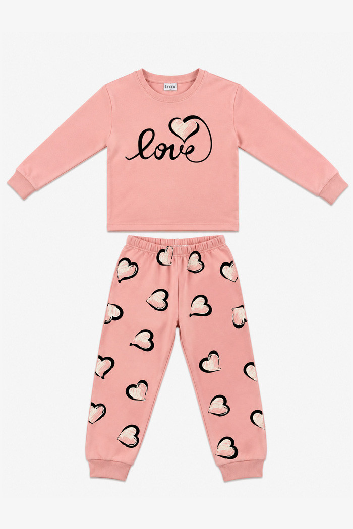 TRAX powder pink girls' pyjama set with love print and heart-pattern trousers
