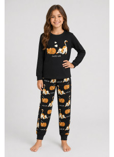 TRAX black girls' pyjama set with cute cat print and cat-pattern trousers