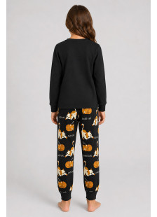 TRAX black girls' pyjama set with cute cat print and cat-pattern trousers