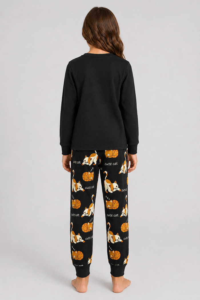 TRAX black girls' pyjama set with cute cat print and cat-pattern trousers