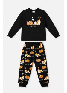 TRAX black girls' pyjama set with cute cat print and cat-pattern trousers