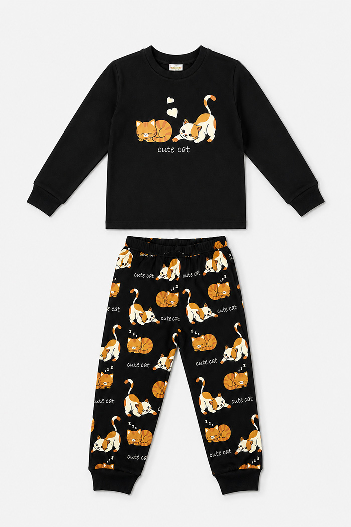 TRAX black girls' pyjama set with cute cat print and cat-pattern trousers