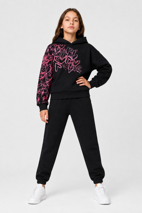 TRAX Neon Hearts Girls' Hooded Winter Tracksuit Set 50638 – Black/Fuchsia