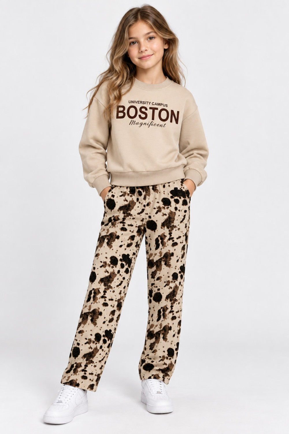 TRAX Boston beige sweatshirt and animal print wide-leg pants set for girls 50632
