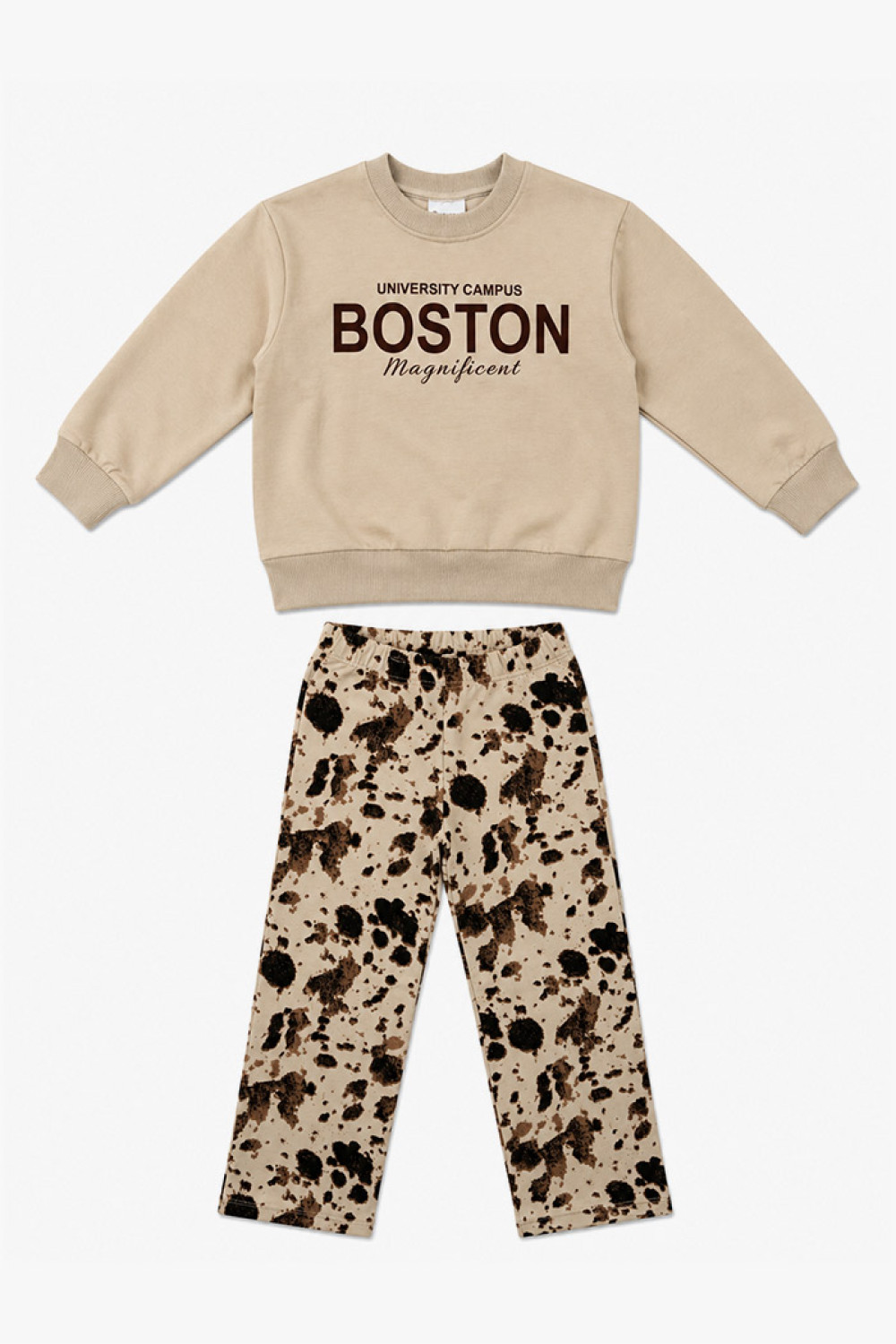 TRAX Boston beige sweatshirt and animal print wide-leg pants set for girls 50632