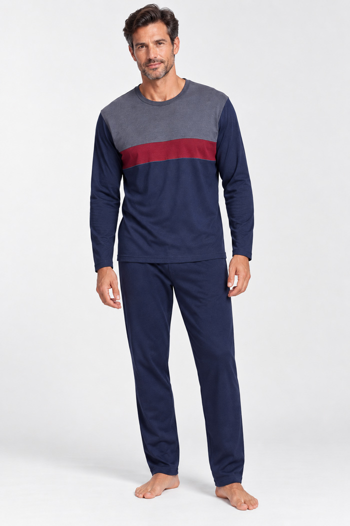 CHERRY Classic men’s navy blue, grey and burgundy colour-block pyjama set