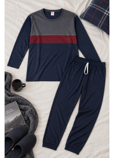 CHERRY Classic men’s navy blue, grey and burgundy colour-block pyjama set