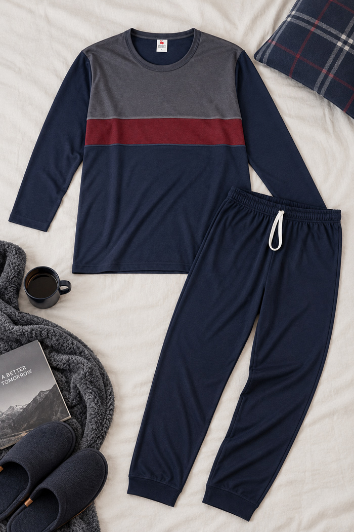 CHERRY Classic men’s navy blue, grey and burgundy colour-block pyjama set
