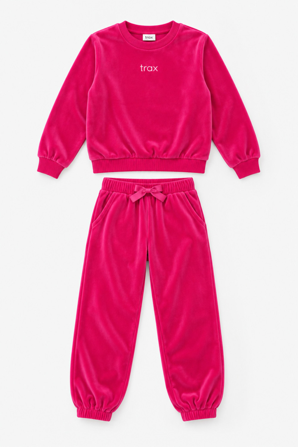 TRAX magenta girls’ velour tracksuit set with embroidered logo and satin waist bow