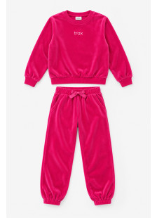 TRAX magenta girls’ velour tracksuit set with embroidered logo and satin waist bow